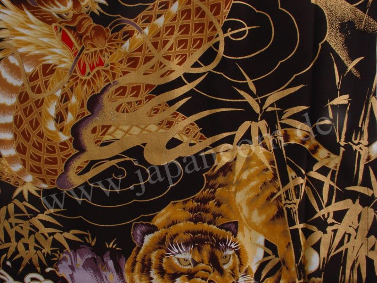 Damen Kimono Morgenmantel Drachen Tiger schwarz-braun